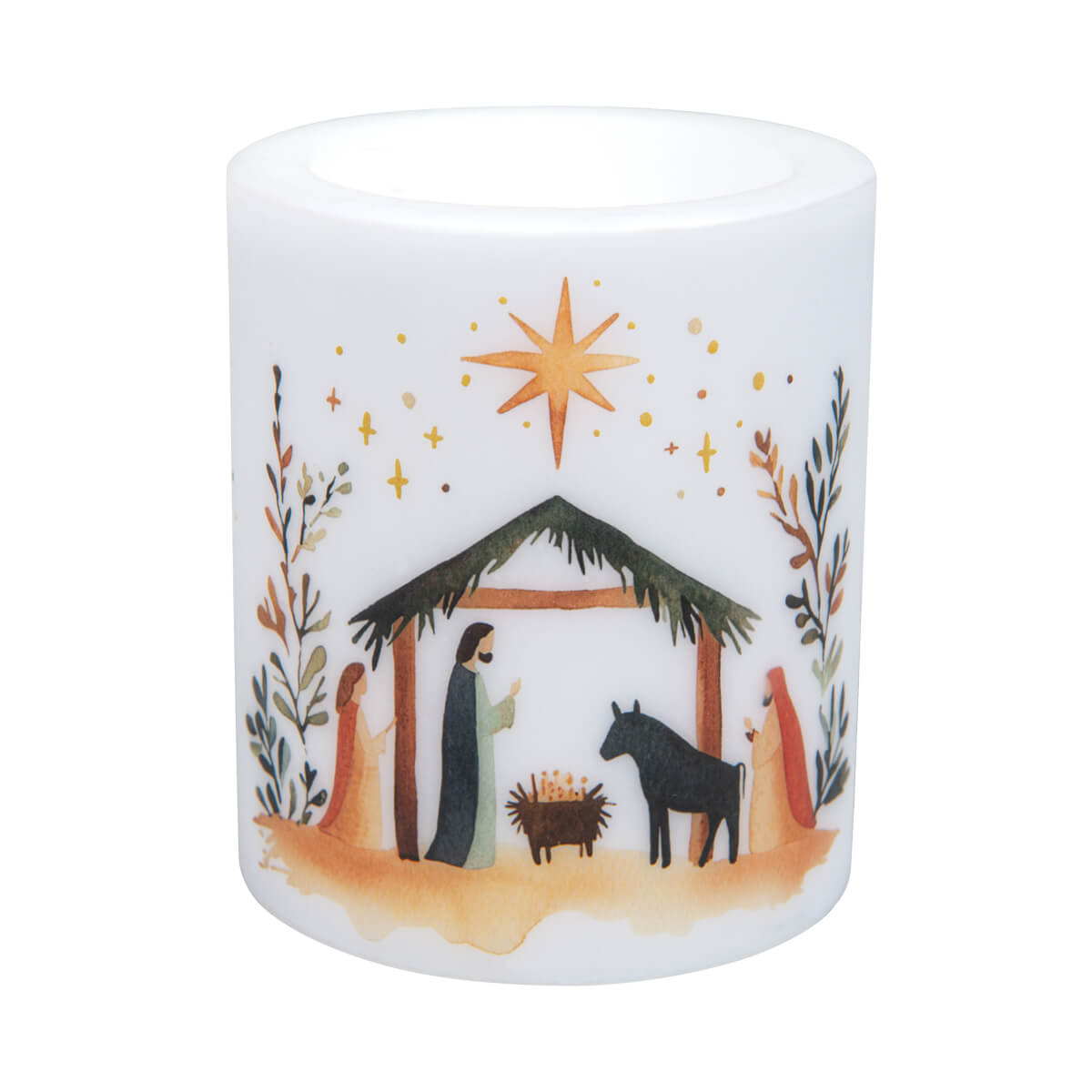 Adventslicht, Weihnachtskerze, Kunststoffkerze, Krippen-Szene, Sternenbild