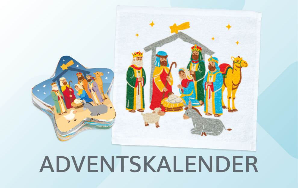 Person, Werbung, Plakat, Draußen, Person, Adventskalender, Weihnachtsmotiv, Krippenszene, Stoffbeutel, Sternförmige Dose