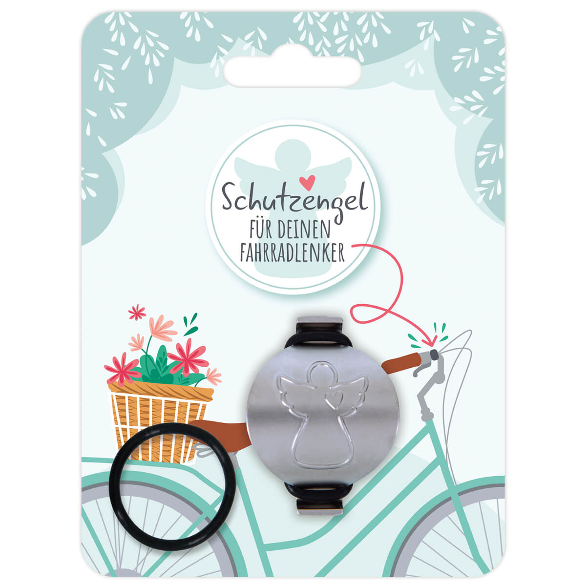 Schutzengel, Fahrradanhänger, Blumenkorb, Fahrrad, Sticker?, Fahrradklingel, Schutzengel, Bügelschloss, Metallring, Fahrradzubehör, Schutzengel, Fahrradlenker, Trinkring, Anstecker, Brille?
