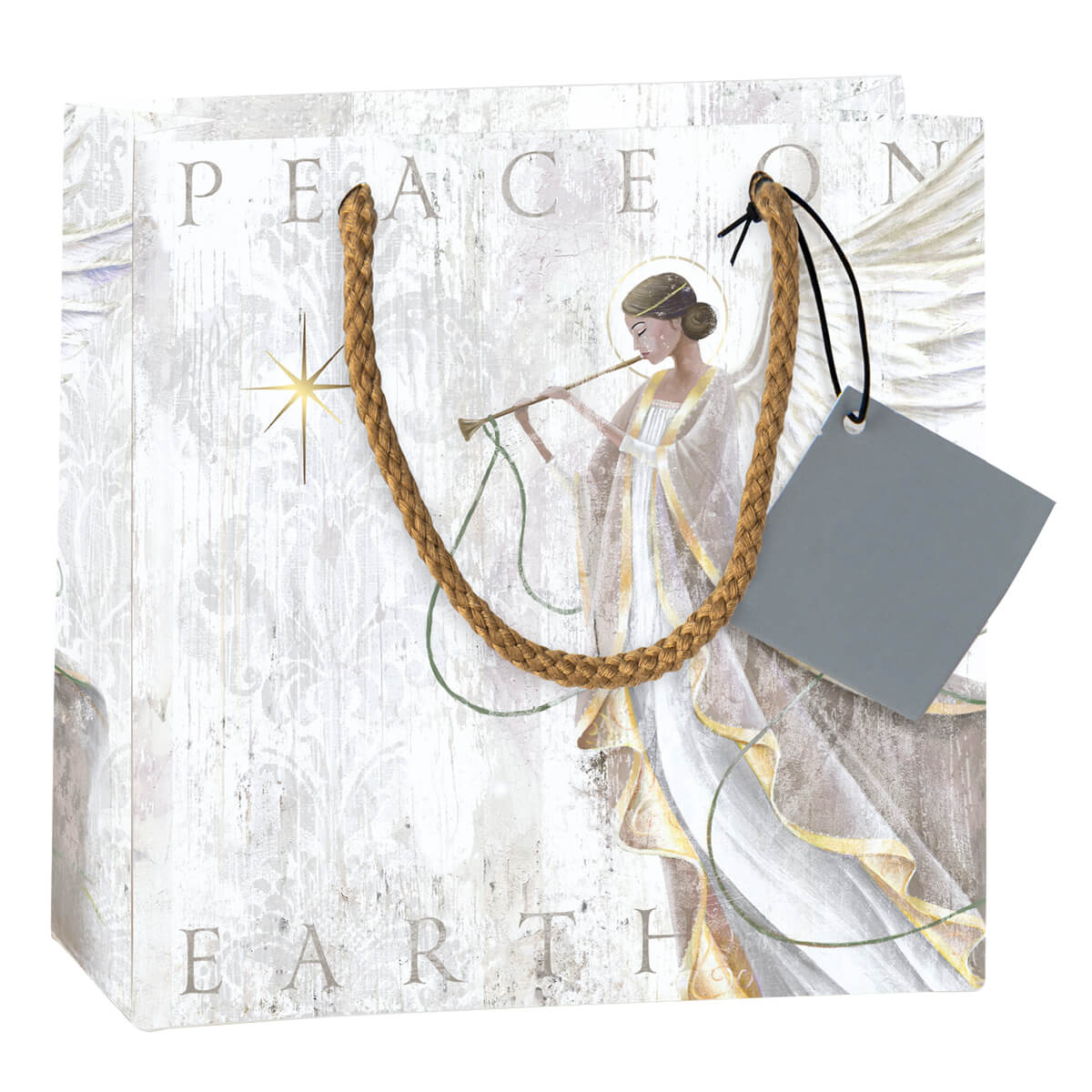 geschenktasche-peace-on-earth-engel-papier-grau-weihnachten-advent-praisent-9033 Papier-Geschenktasche Peace on Earth