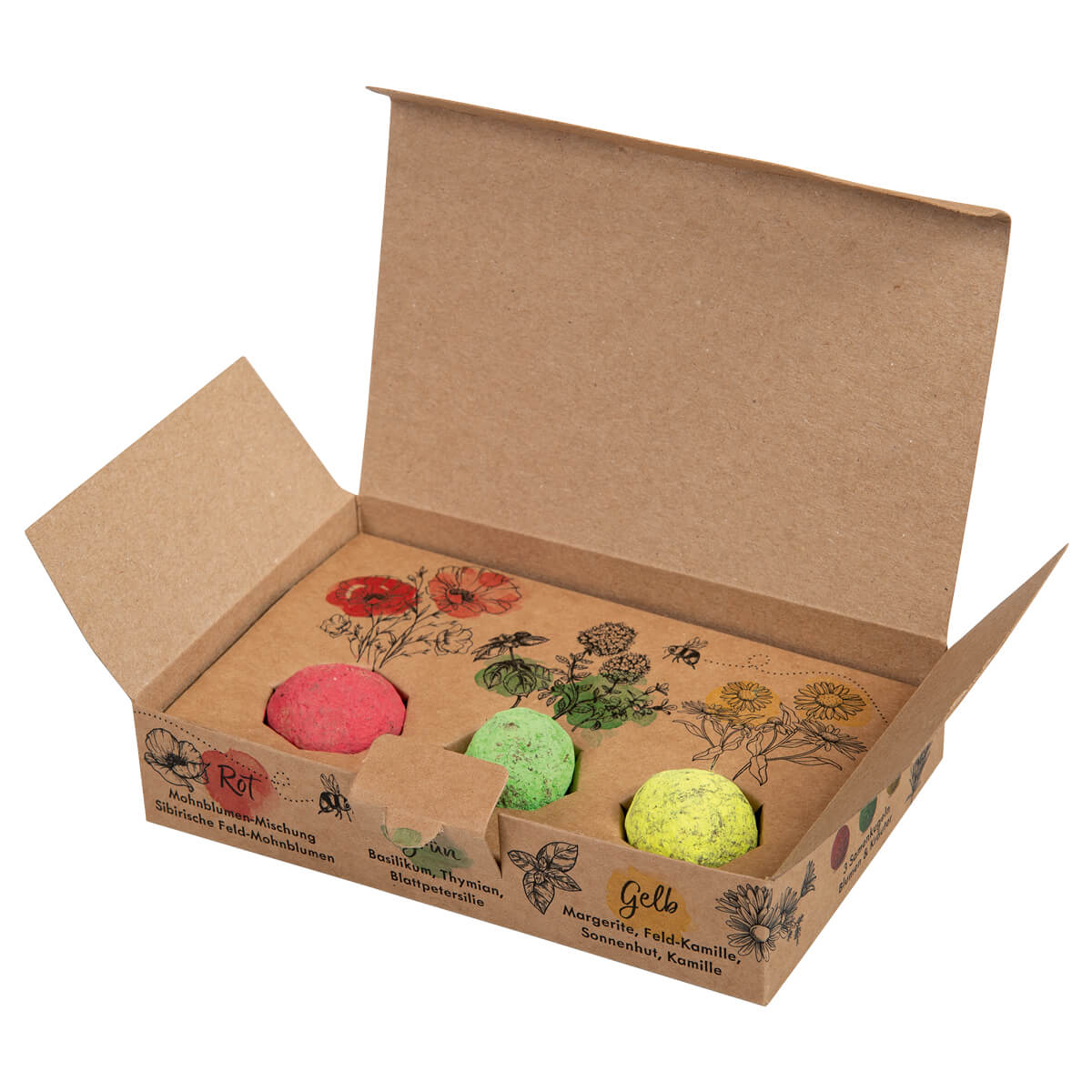 Kartenbox, Farbige Bälle, Naturfarben, Kräuter-/Blumenmischung, Baukasten-Box