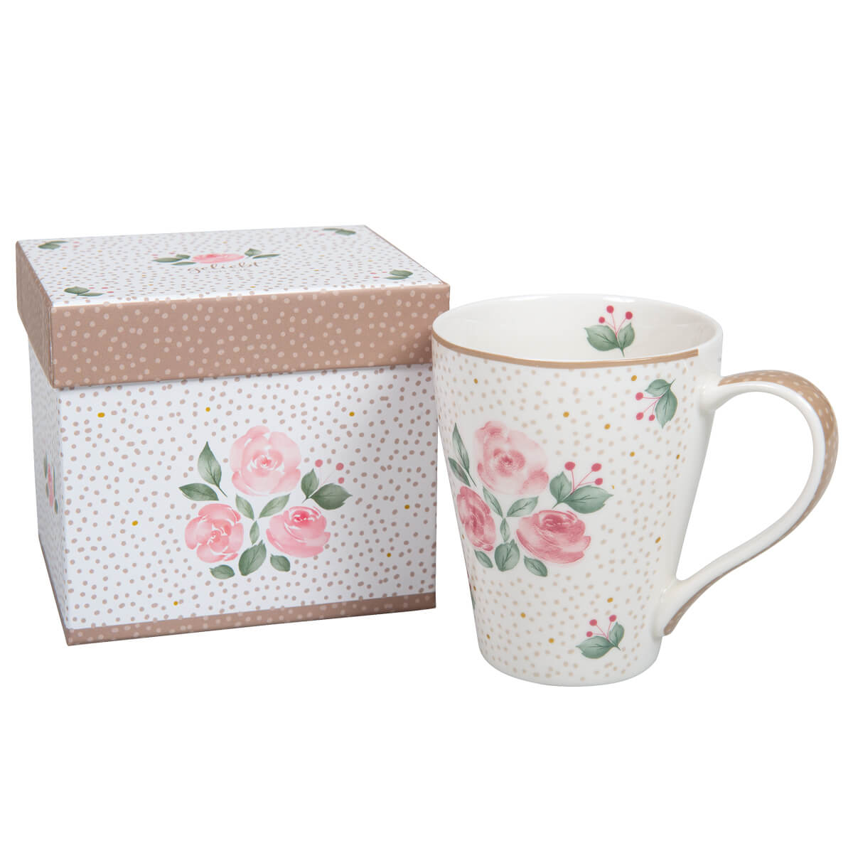 Tasse, Porzellan, Rosenmuster, Rosé-Print, Geschenkbox