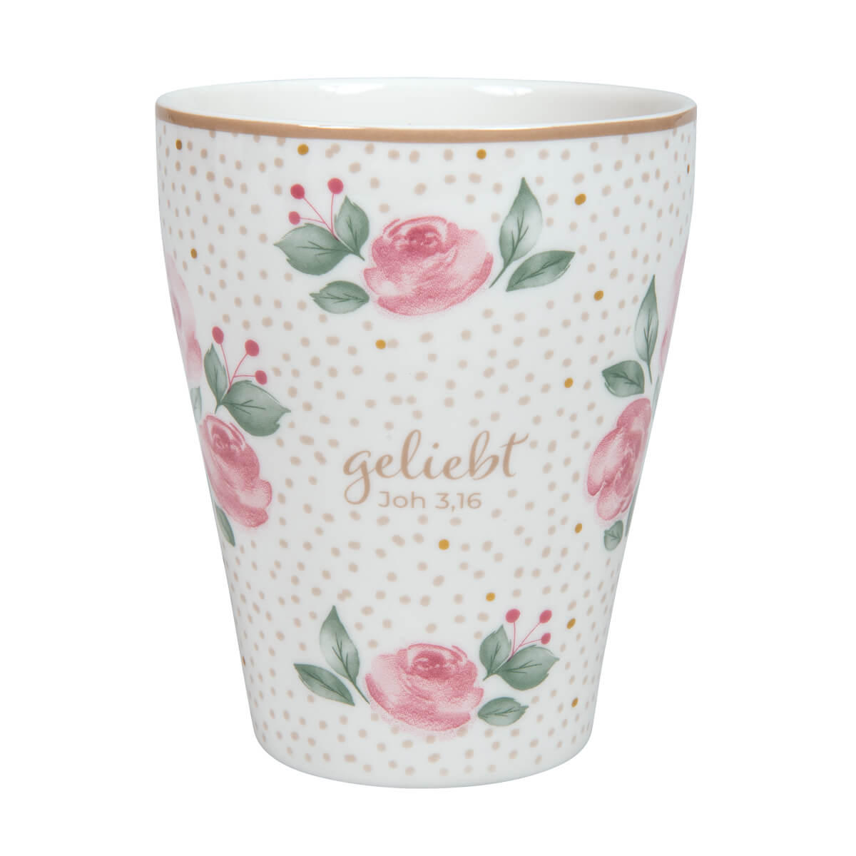 Becher, Tasse, Porzellan, Rosenmuster, Poesie-Zitat