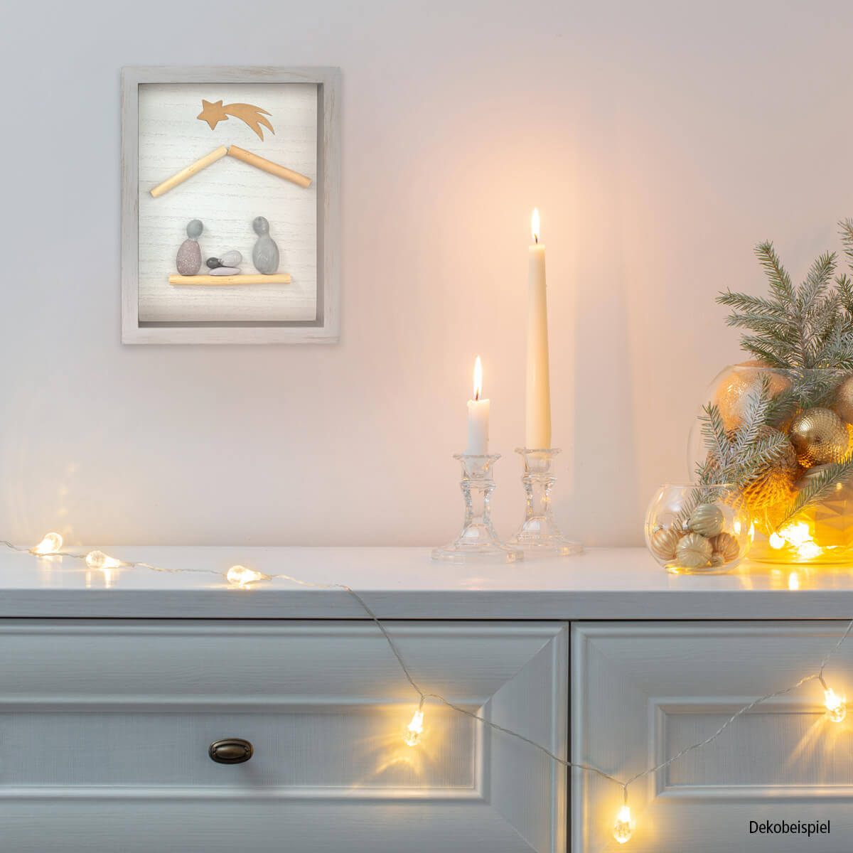 Weihnachtsdeko, Kieselsteine, Kerzen, Schatzkistchen, Dekoaufbau