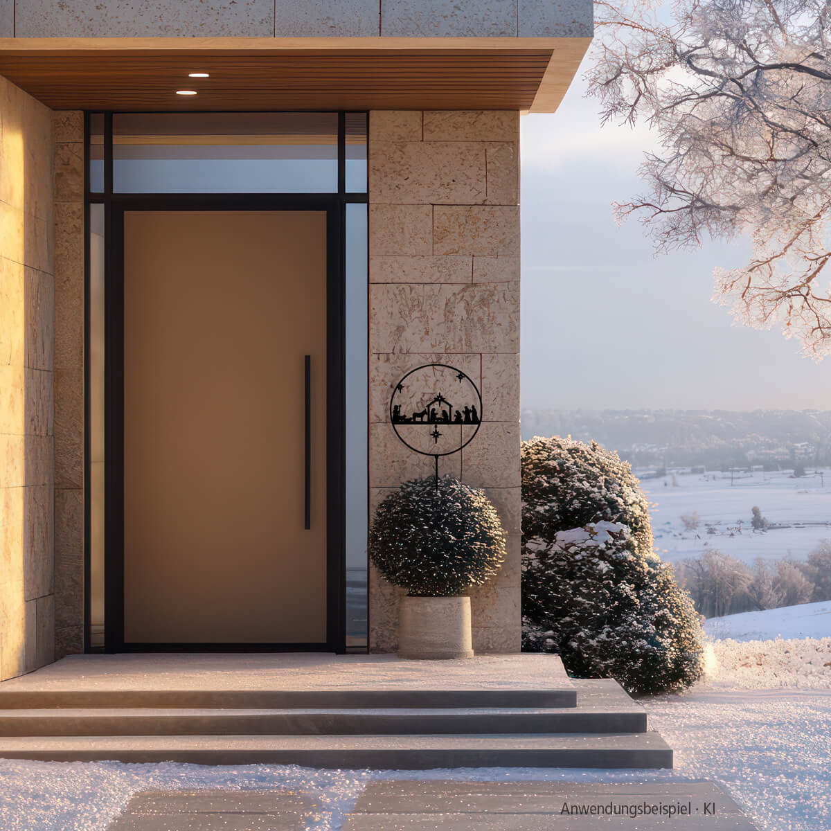 front door, entryway, stone facade, potted shrub, winter scene