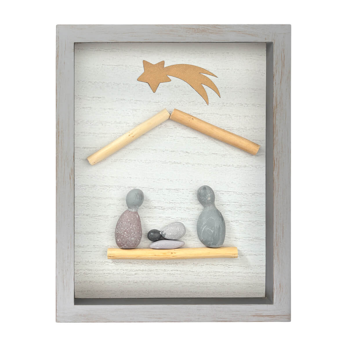 Schnitzfiguren, Steine, Holzscheibe, Drahtfigur, Schmuckschild