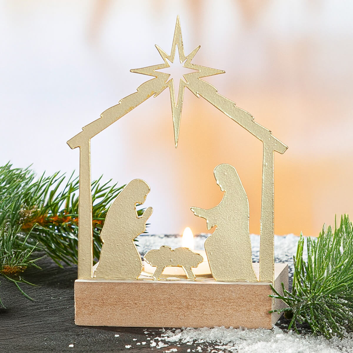 Teelichtleuchter Krippe in Gold 