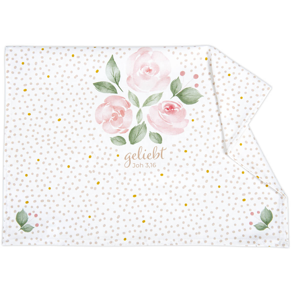 Blumenkartenspiel, Rosendruck, Pastellfarben, Punkte Muster, Glaubensspruch, roses, floral, towel, pattern, gold dots