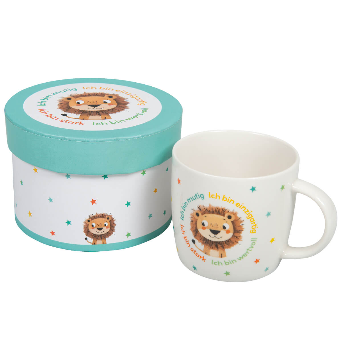 Becher, Tassenform, Löwenmotiv, Türkises Geschenkbox, Sternenmuster