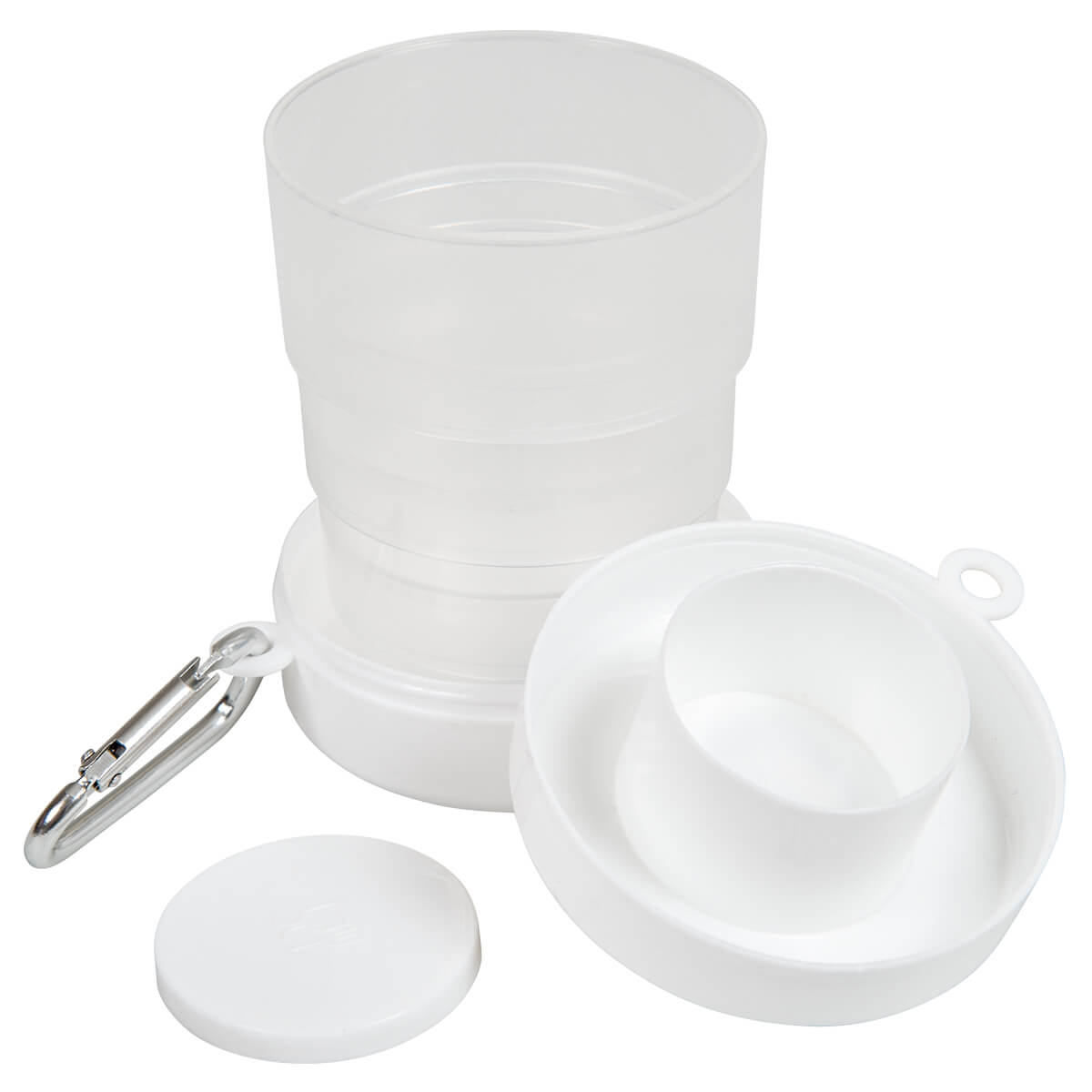 Reisebecher, zusammenklappbarer Becher, Weiß, Karabiner, Deckel inklusive