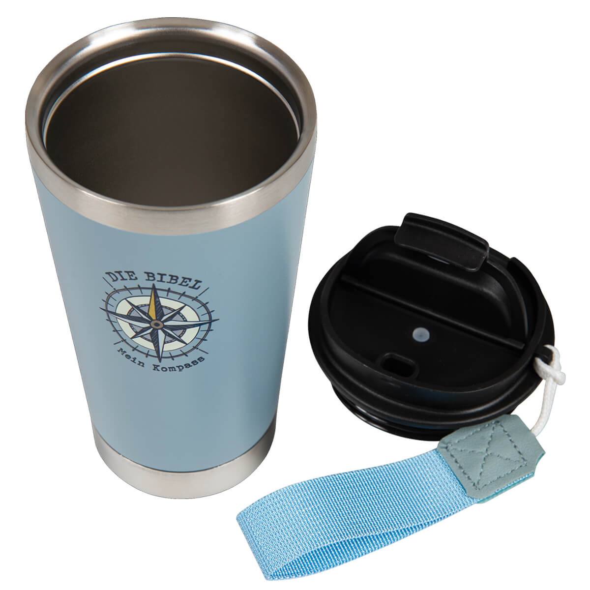 Becher, Teebecher, Stahl, Kunststoffdeckel, Tragelasen