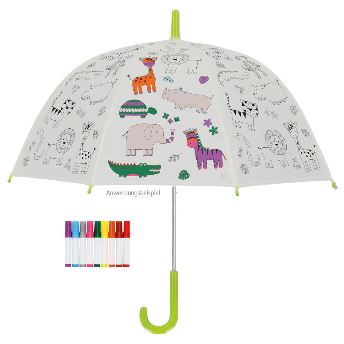 Kinder-Regenschirm, Tiermotive, Durchsichtiger Griff, Schirm mit Aufdruck, Farbmarker-set