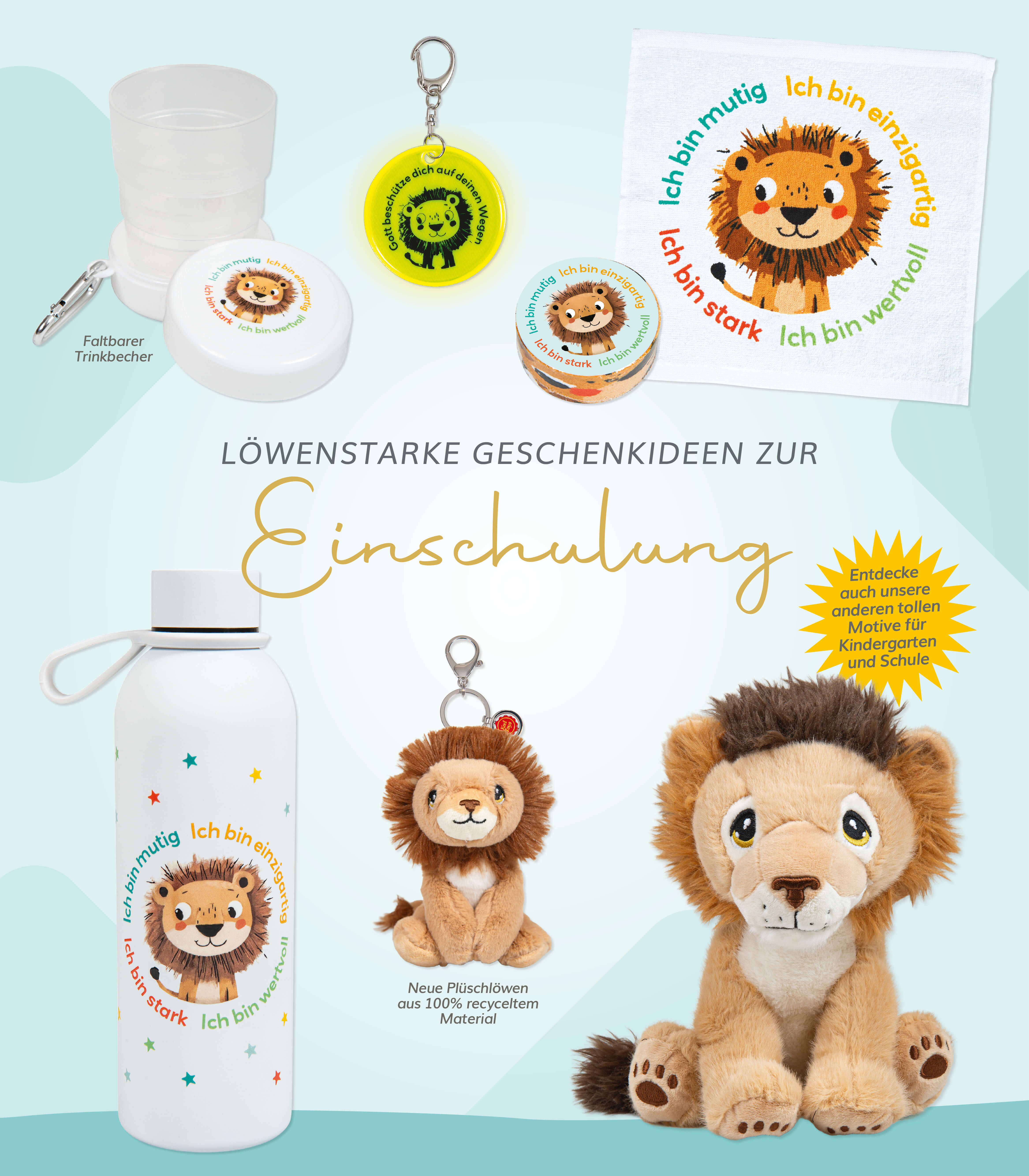 Löwenmotiv, Geschenkset, Plüschtier, Trinkflasche, Taschenspielzeug