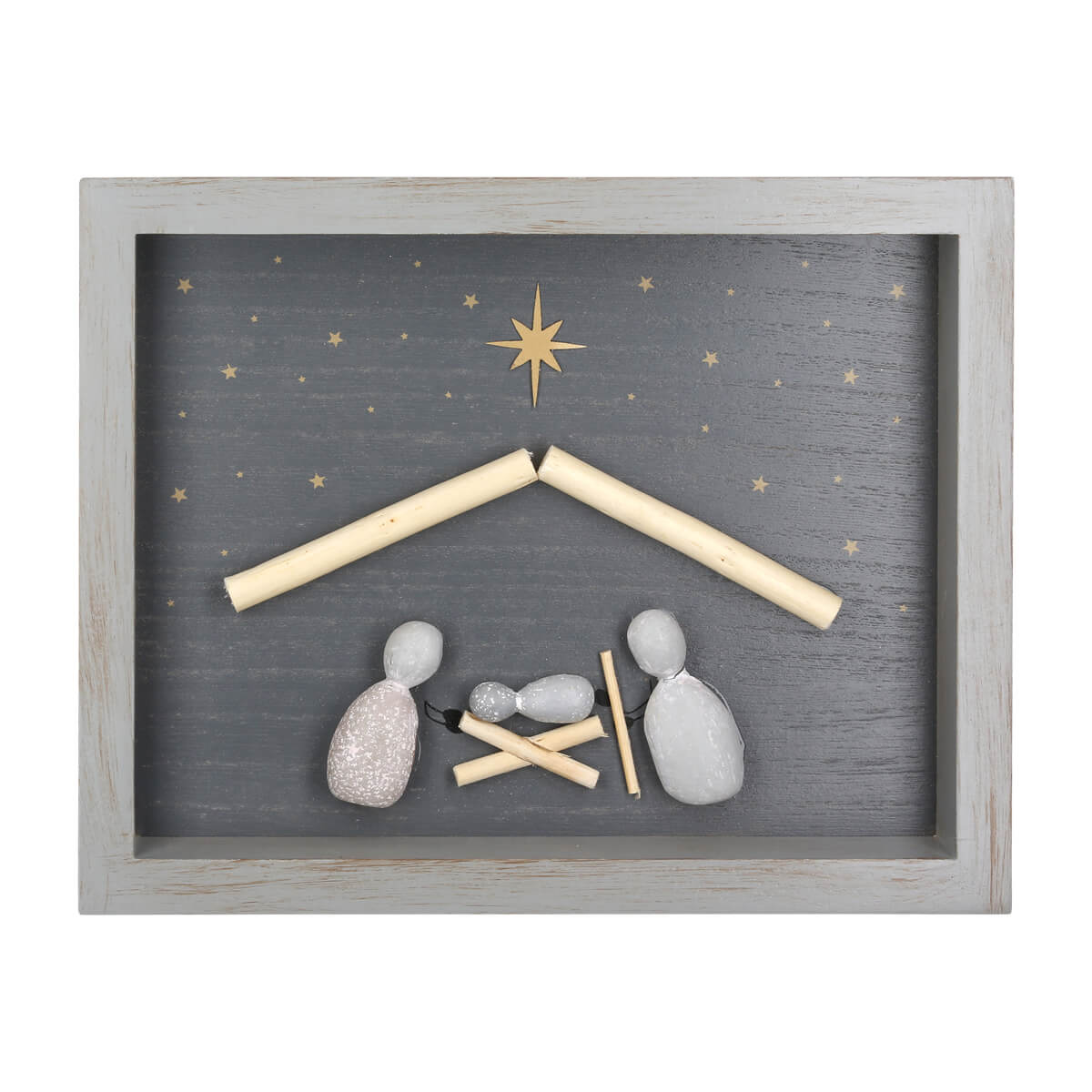 Nativity Szene, Steine, Holzrahmen, Sterne, Container Diorama