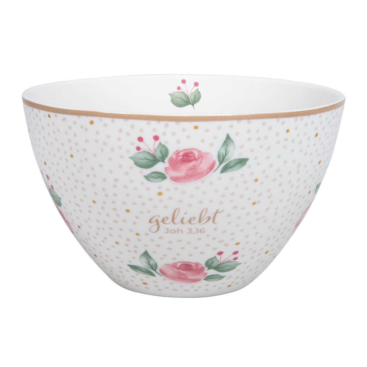 porzellan-Schüssel, blumendesign, rose-motiv, goldener Rand, schriftzitat