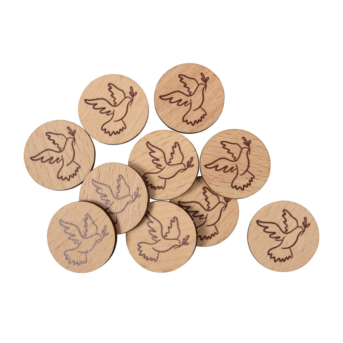 Einkaufswagenchip-frieden-taube-holz-set-praisent-3308 Einkaufswagenchip Taube, 10er-Pack